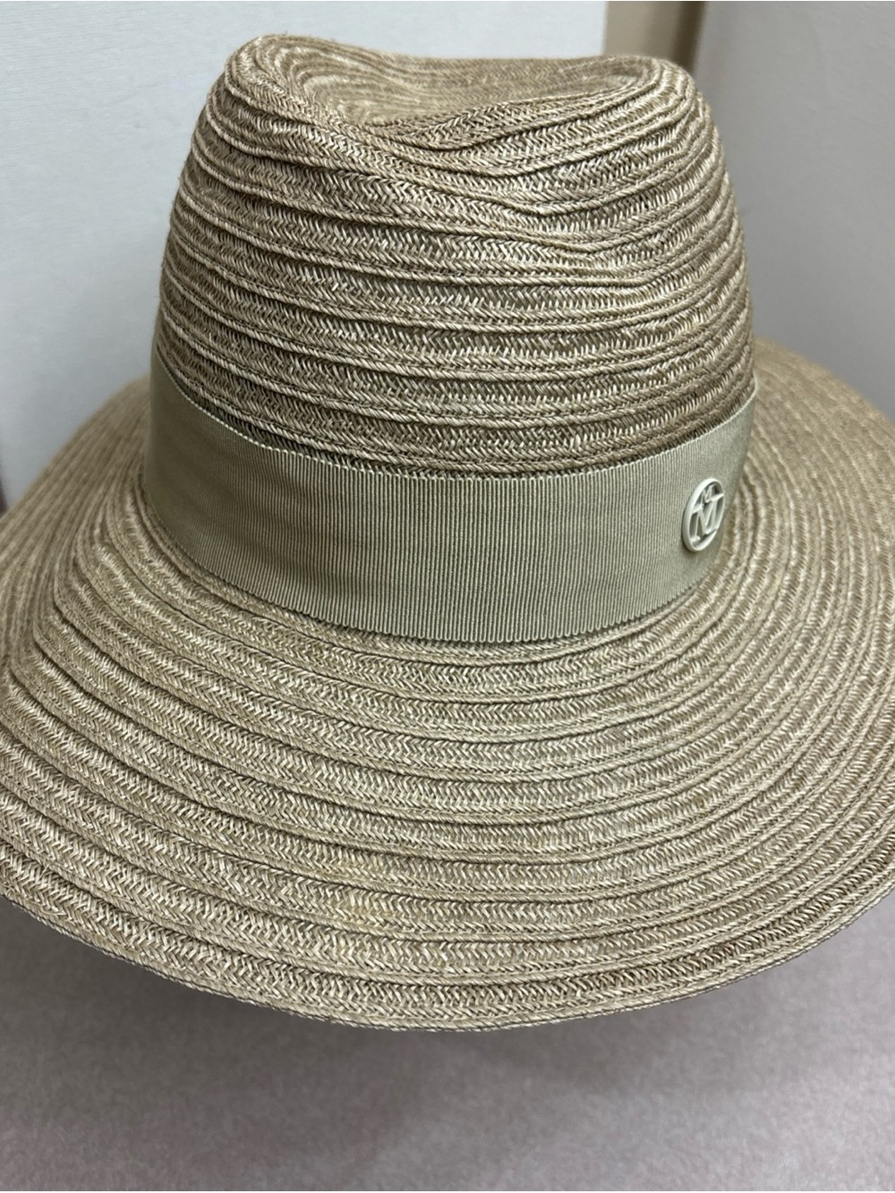 Maison Michel Womens Ribbon Logo Woven Wide Brim Hat Khaki MD Summer Beach Sun